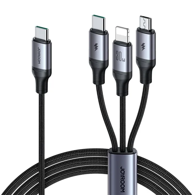 3-i-1-kabel USB-C till Lightning, Micro-USB, 100W, 1,2m - Svart