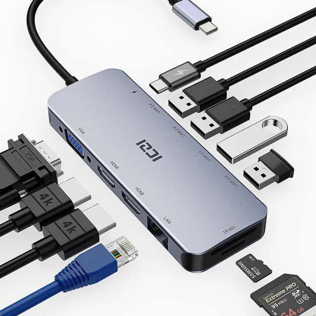 1 till 11 USB-C dockingsstation för trippla monitorer 2xHDMI 4K30Hz, 1xVGA PD 100W Macbook M1 M2 Thunderbolt 3 & 4