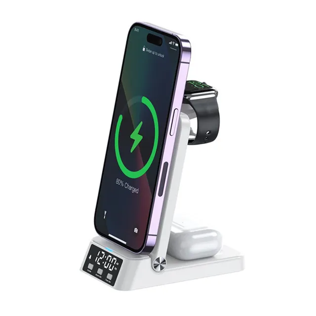 3-in-1 Wireless Charging Stand with Alarm Clock - 15W - White