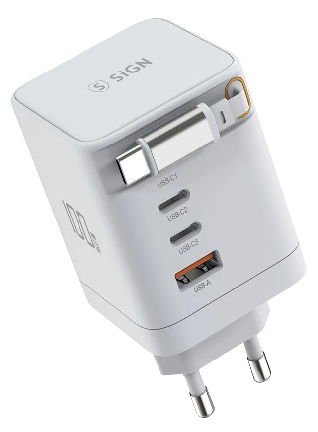 100W GAN Fast Charger with Retractable USB-C Cable - White