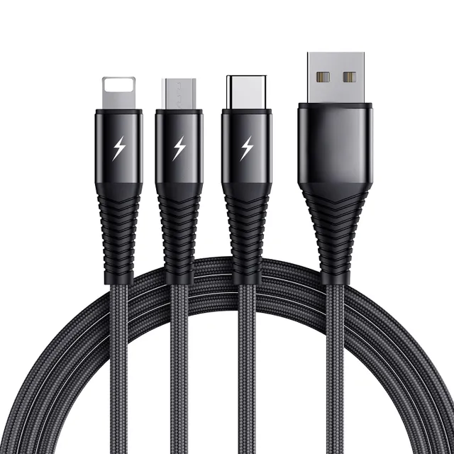 3-i-1-kabel Lightning, USB-C, Micro-USB, 3A, 1,2m - Svart