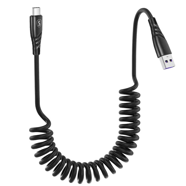 15W Coiled USB-A to USB-C Fast Charging Cable for Car - Black