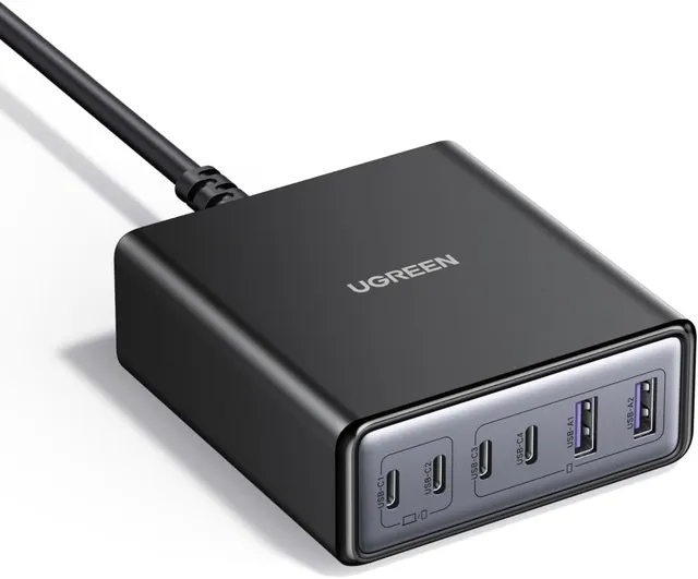 100W USB-C Laddstation, 6-Portars GaN Skrivbordsladdare med 4 USB-C & 2 USB-A, Smart Strömfördelning