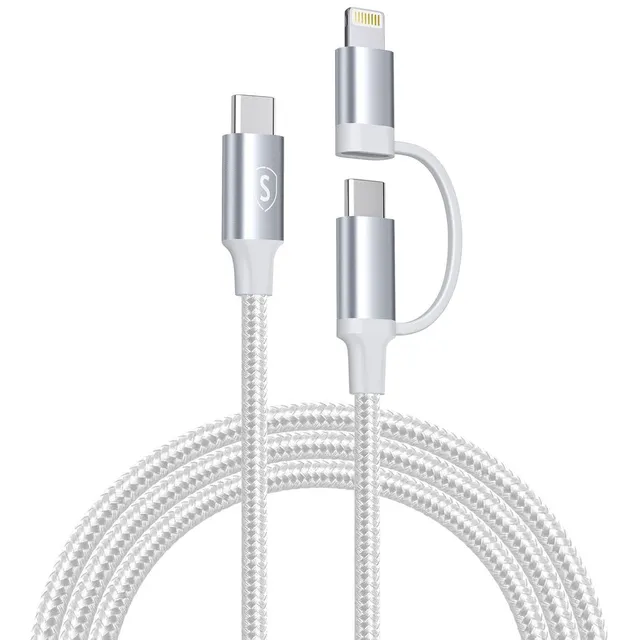 2-i-1 USB-C till USB-C 60W PD 3A / Lightning 27W kabel, 1m - Vit