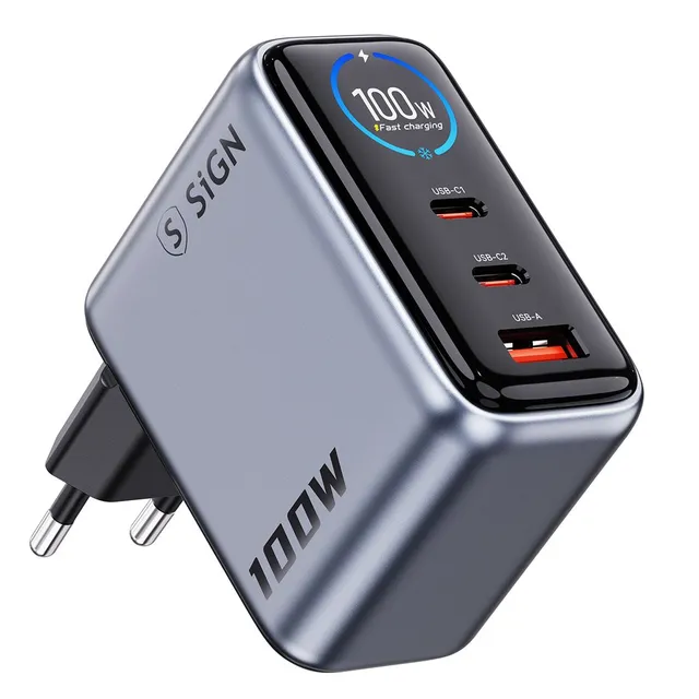 100W Fast Charger with Display - 2x USB-C / 1x USB-A - Gray
