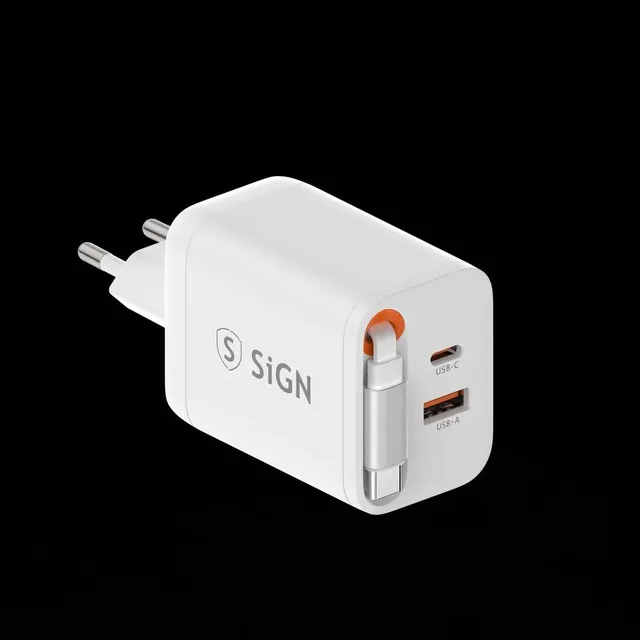 GaN Fast Charger USB-C/USB-A 65W with extendable USB-C cable - White