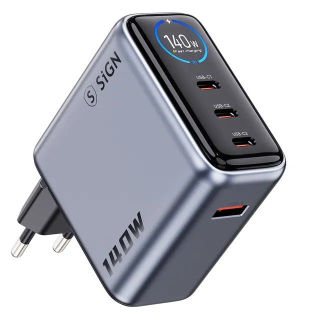 140W Fast Charger with Smart Display - 3x USB-C / 1x USB-A - Gray