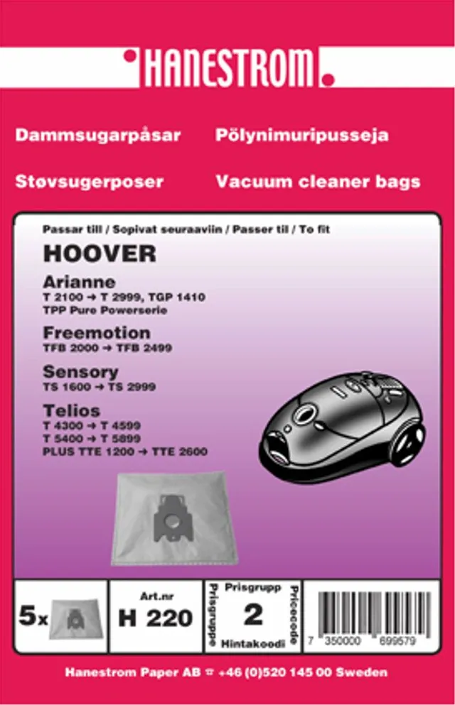 Dammsugarpåsar till Hoover Sensory TS 1600 - TS2999 (5 st dammsugarpåsar)