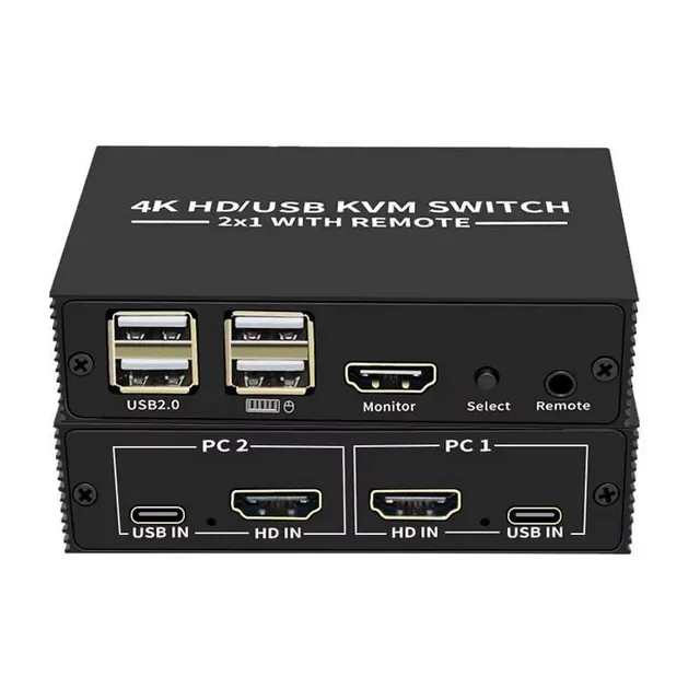 KVM Switch 2 till 1 HDMI 2.0 4K60Hz för PC, Xbox, PS5 och bärbar med 4xUSB portar