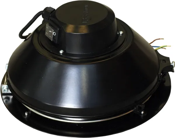 Takfläkt Tfsr 160 med ø160mm inloppsrör och horisontellt utlopp. Max. luftvolym 50Hz 436 m³/h eller 245 m³/h v/200 Pa, 1x230V/50-60Hz.