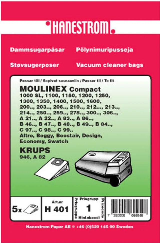 Dammsugarpåsar till Moulinex Boggy (5 st dammsugarpåsar)
