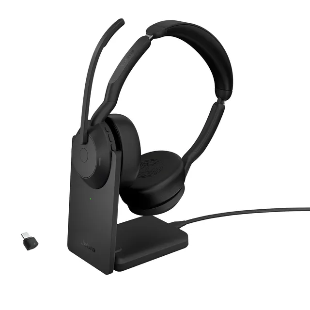 Jabra Evolve2 55 UC Stereo - Headset - på örat - Bluetooth - trådlös - aktiv brusradering - USB-C - svart - med laddningsställ - Zoomcertifierad, Cisco Webex Certified, Optimerat för Microsoft Teams, Alcatel-Lucent-certifierad, Avaya-certifierad, Unify-certifierad, MFi-certifierad, Amazon Chime-certifierad
