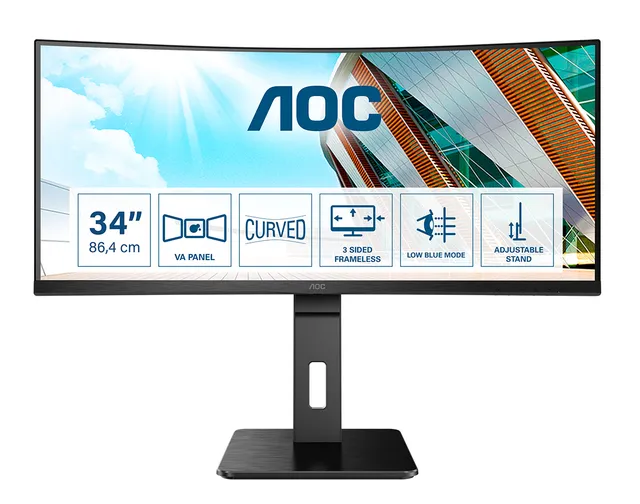 34" AOC CU34P2A, Curved VA 3440x1440, 1 ms, 100Hz FreeSync, 1500R, höjdjusterbar, 2xHDMI/DP, högtalare, USB 3.2-hubb