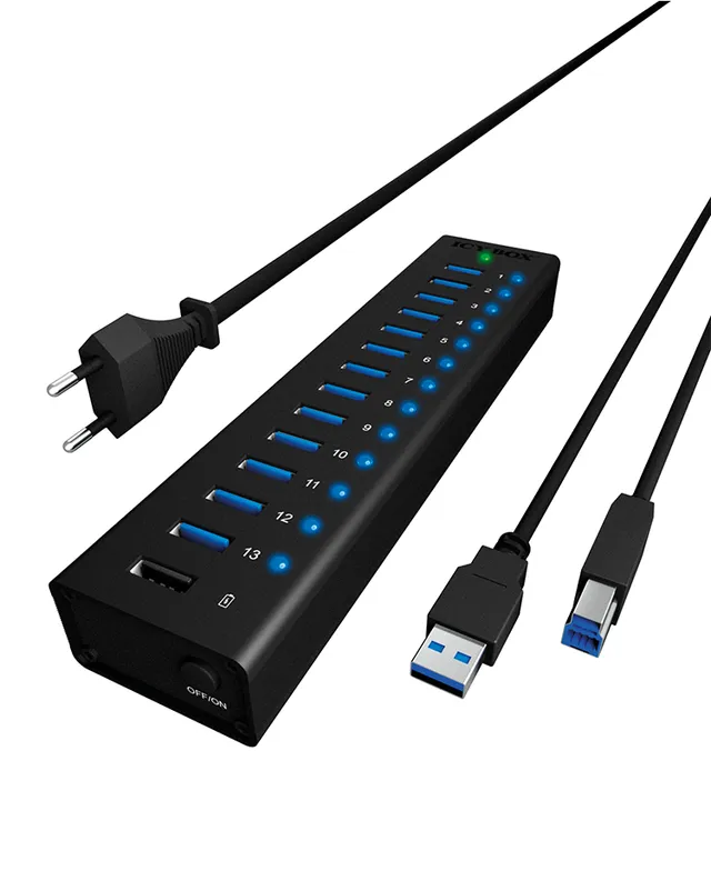 USB 3.0-hub ICY BOX IB-AC6113, 14xUSB 3.0, aluminium, inkl. strömadapter - Svart
