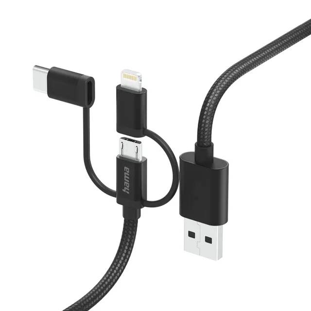 HA-00201536 3-in-1 USB-A – USB-C / Micro USB / Lightning -kaapeli, 1,5 m, musta