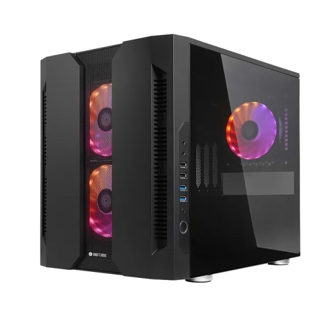 Chieftronic M2 - Cube - micro ATX - genomskinlig sidopanel (härdat glas) - ingen strömförsörjning (ATX) - svart - USB/ljud