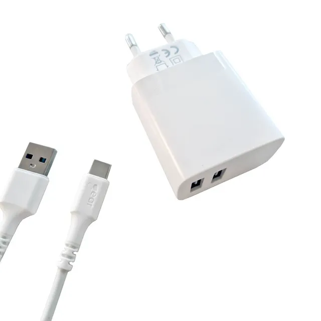 Charger 220V 2xUSB-A 3.4A White USB-C 2.0 Cab