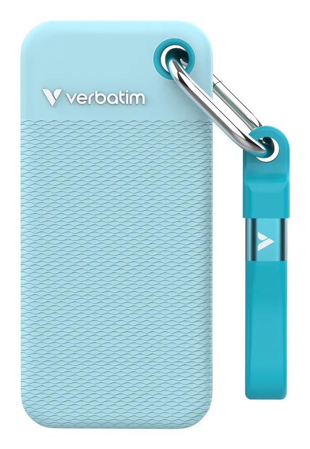 2 TB Verbatim Pocket SSD, USB 3.2 Gen2, med 2 st gummiskal - Polarblå