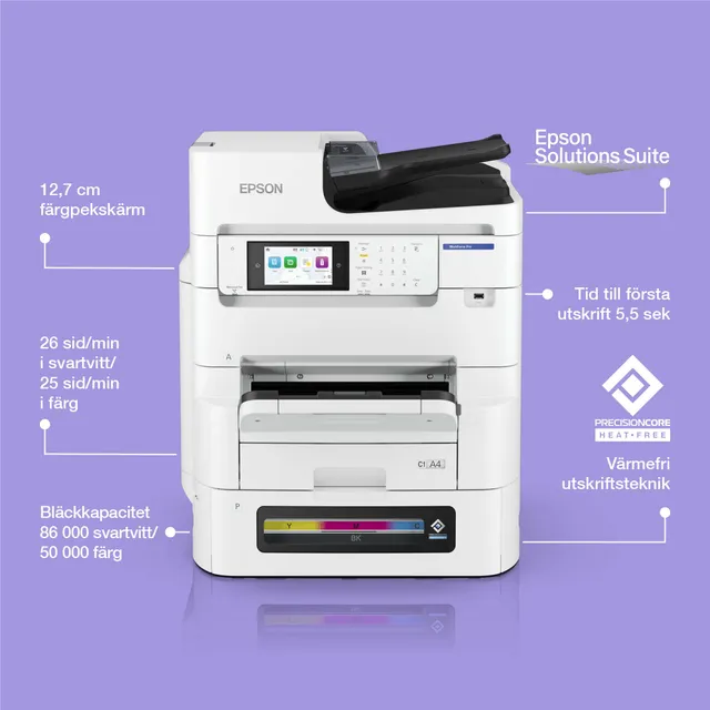 WorkForce Pro EM-C8101RDWF, A3 skrivare + scanner + kopiator + fax, 26/25 ppm ISO, 1200x2400 dpi scanner, duplex, AirPrint, USB/LAN/WiFi