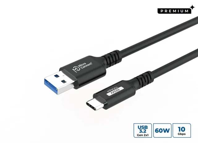 Premium USB-C till USB-A kabel - 60W - 10Gbps - USB 3.2 Gen 2 - 0,5m