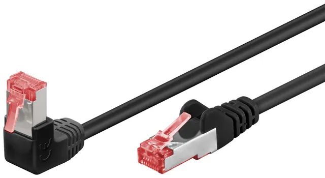 Patchkabel CAT 6, 1x 90° vinklad, S/FTP (PiMF), svart, 10 m kopparledare (CU), halogenfri kabelhölje (LSZH), snäpplås på toppen