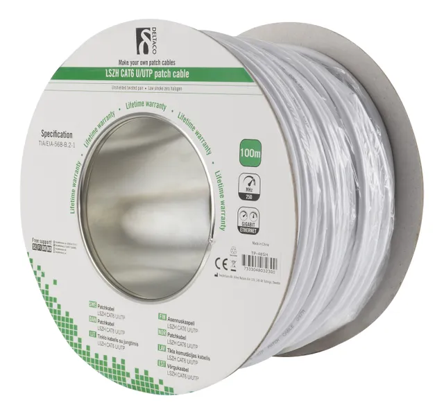 U/UTP Cat6 patch cable, LSZH, 100m spool, 250MHz, white