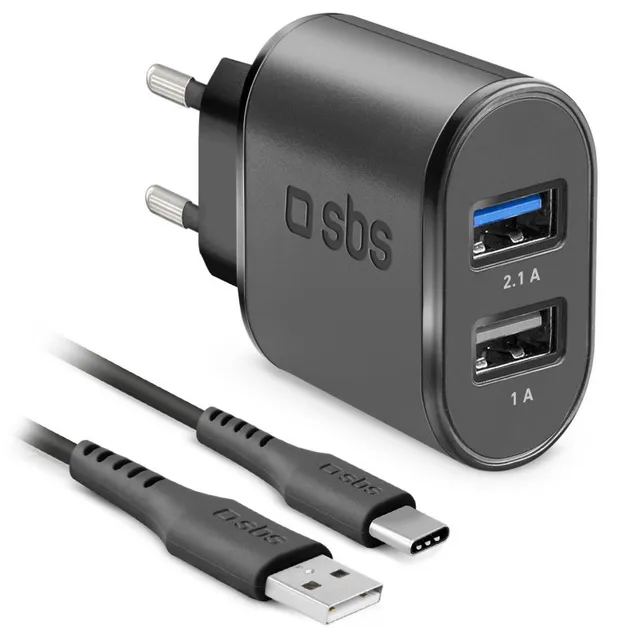 2100 mAh laddare - 1m USB - USB-C kabel - Svart