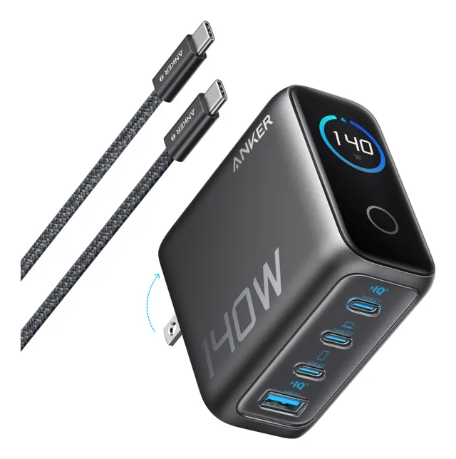 140W 4-ports GaN-laddare inklusive 240W USB-C kabel 1.5m Mörkgrå
