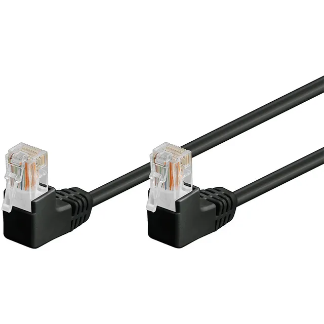 Patchkabel CAT 5e, 2x 90° vinklad, U/UTP, svart, 1 m kopparklädd aluminiumtråd (CCA), 2x RJ45-plugg 90 ° (8P8C)
