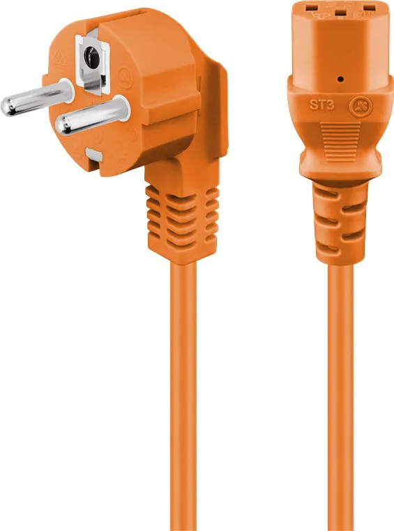 Kabel för anslutning av kallt apparat med vinkel, 3 m, orange Jordkontaktstift (typ F, CEE 7/7) > Uttag C13 (kall apparatanslutning)