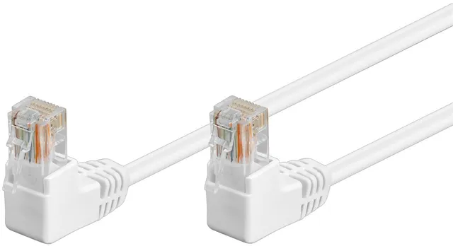 Patchkabel CAT 5e, 2x 90° vinklad, U/UTP, vit, 10 m kopparklädd aluminiumtråd (CCA), 2x RJ45-plugg 90 ° (8P8C)