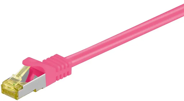RJ45 patchkabel S/FTP (PiMF), 500 MHz, med CAT 7 råkabel, magenta, 0,25 m LSZH halogenfri kabelhölje, koppar, RJ45-kontakt (CAT 6A)