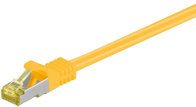 RJ45 patchkabel S/FTP (PiMF), 500 MHz, med CAT 7 råkabel, gul, 1,5 m LSZH halogenfri kabelhölje, koppar, RJ45-kontakt (CAT 6A)