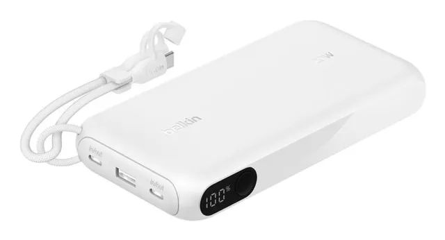 BoostCharge - Power bank - med display - 20000 mAh - 20 Watt - PD, Fast Charge - 3 utdatakontakter (USB-C, USB) - på kabel: USB-C - vit