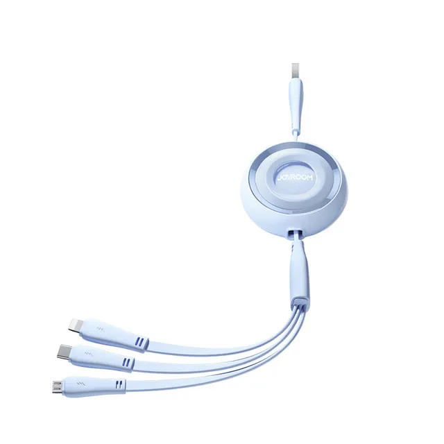 3-i-1 kabel, upprullningsbart, Colorful Series USB-A till USB-C / iPhone Lightning / microUSB 1 m blå
