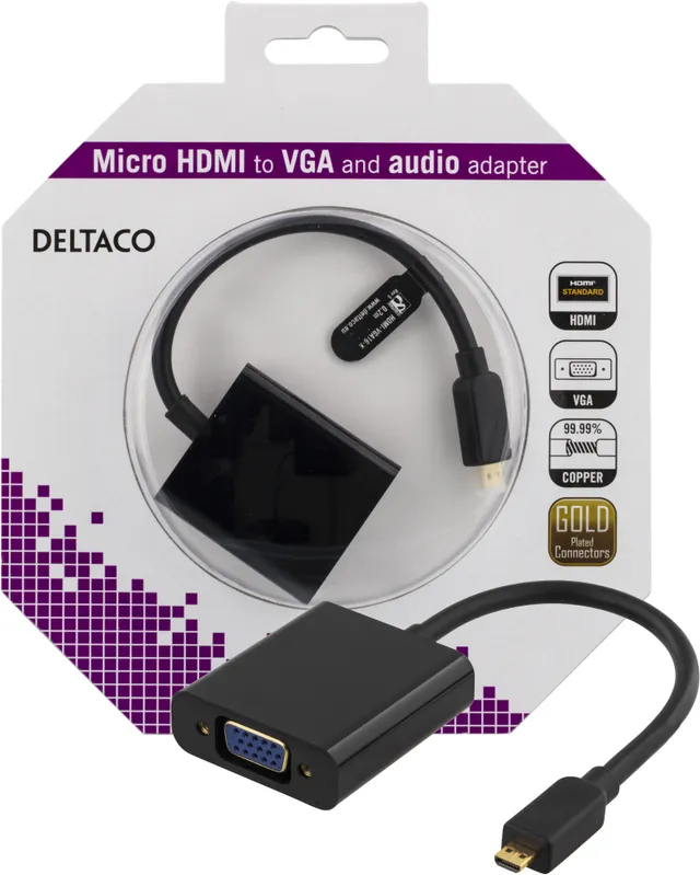 micro HDMI - VGA-sovitin,19-pin ur -15-pin+3,5mm, 0,2m, musta
