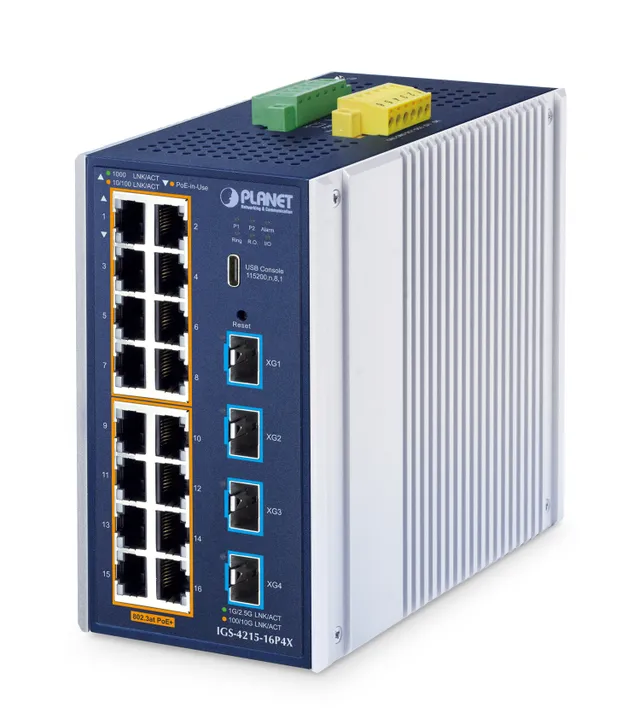 PLANET ndustrial L2+ 16-Port 10/100/1000T 802.3at PoE + 4-Port 10G SFP+ Managed Ethernet Switch, hanterad, L2+, Gigabit Ethernet (10/100/1000), Full duplex, Strömförsörjning via Ethernet (PoE) stöd, Monteringsbar på väggen