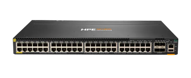 HPE Aruba 6300M - Switch - L3 - Administrerad - 48 x 10/100/1000 (PoE+) + 4 x 1 Gb/10 Gb/25 Gb/50 Gb SFP56 (upplänk/stapling) - framsidan och sida til