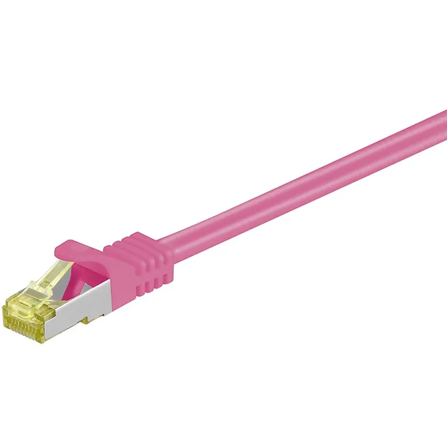 RJ45 patchkabel S/FTP (PiMF), 500 MHz, med CAT 7 råkabel, magenta, 3 m LSZH halogenfri kabelhölje, koppar, RJ45-kontakt (CAT 6A)