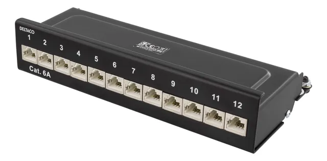 Patchpanel, 12xRJ45, Cat6a, väggmonterbar, 10Gbps, svart