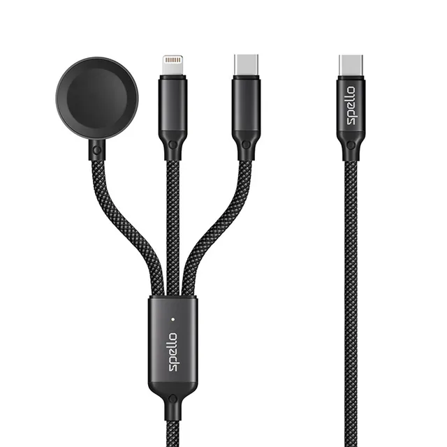 Spello 3-in-1 USB-C -kaapeli, 100 W, 1,2 m, musta