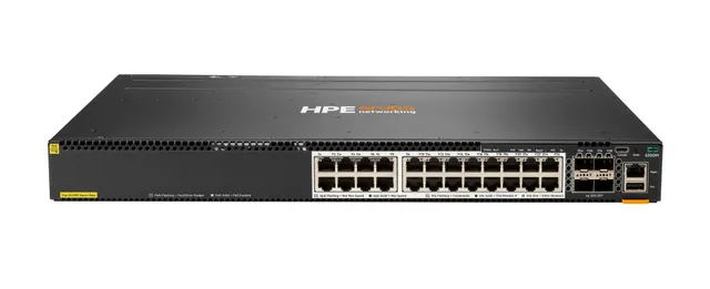 HPE Aruba 6300M - Switch - L3 - Administrerad - 24 x 100/1000/2.5G/5GBase-T (PoE+) + 4 x 1 Gb/10 Gb/25 Gb/50 Gb SFP56 (upplänk/stapling) - framsidan o