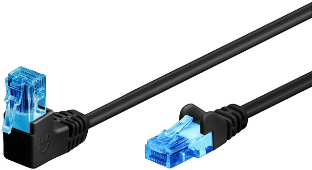 Patchkabel CAT 6A, 1x 90° vinklad, U/UTP, svart kopparklädd aluminiumtråd (CCA), snäpplås på toppen, 2 m