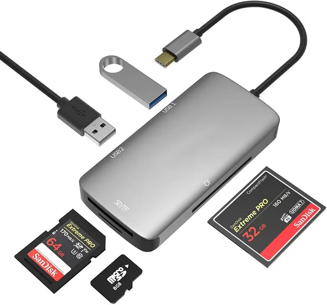 1 till 5 USB-C adapter SD/TF och CF kortläsare med 2xUSB3.0 upp till 5Gbps UHS-I