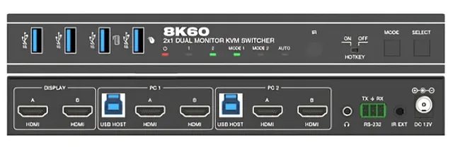 KVM Switch 2 till 2 HDMI 8K60Hz 4K 120/144Hz 4xUSB3.1-stöd för UltraWide-skärm