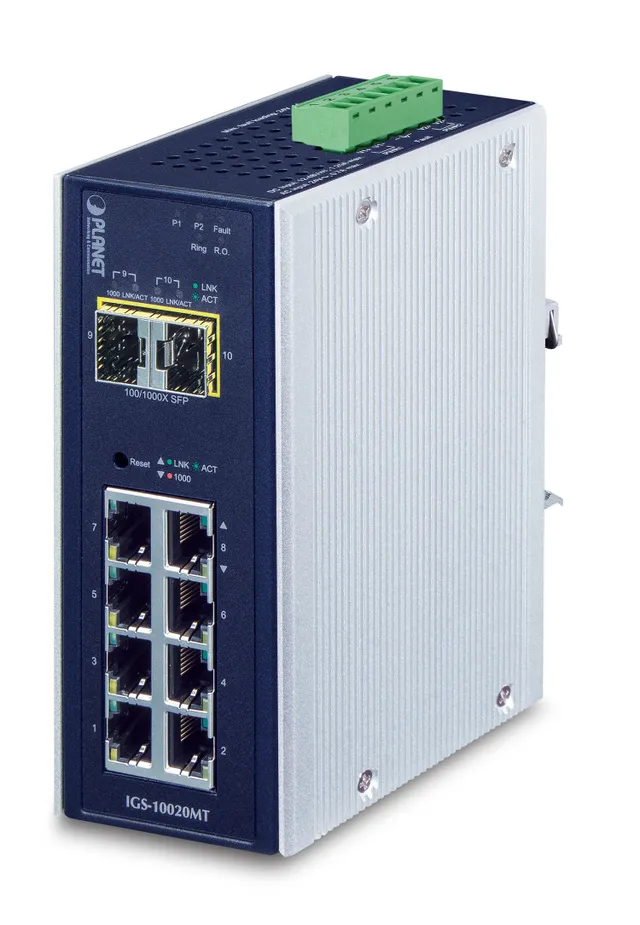 PLANET IGS-10020MT - Switch - Administrerad - 8 x 10/100/1000 + 2 x Gigabit SFP - DIN-skenmonterbar, väggmonterbar - Växelström 24 V/likström 12-48 V
