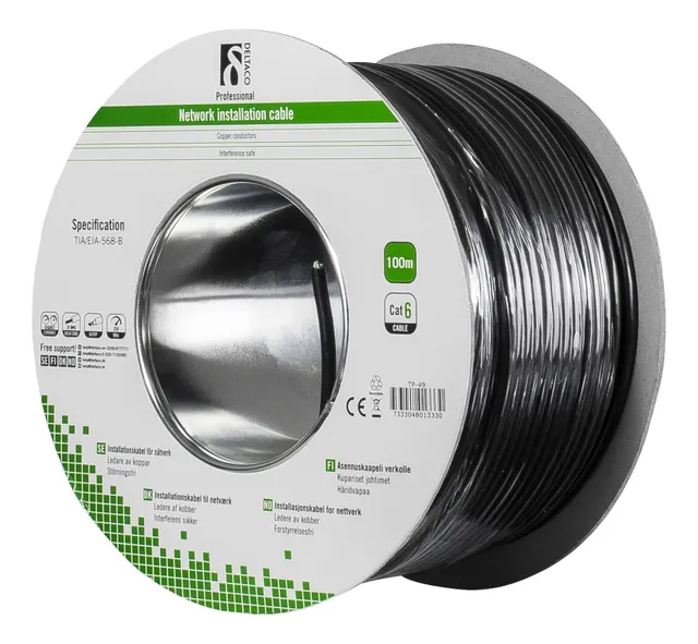 Cat6 U/UTP installationskabel för utomhusbruk - 100m rulle - Svart