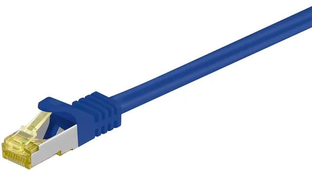 RJ45 patchkabel S/FTP (PiMF), 500 MHz, med CAT 7 råkabel, blå, 30 m LSZH halogenfri kabelhölje, koppar, RJ45-kontakt (CAT 6A)
