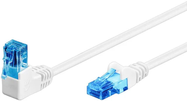 Patchkabel CAT 6A, 1x 90° vinklad, U/UTP, vit kopparklädd aluminiumtråd (CCA), snäpplås på toppen, 0.5 m
