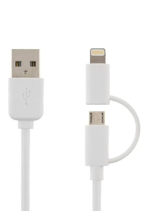 USB 2.0-kabel A ha till Micro B ha/Lightning, 2 meter, Deltaco, MFi - Vit